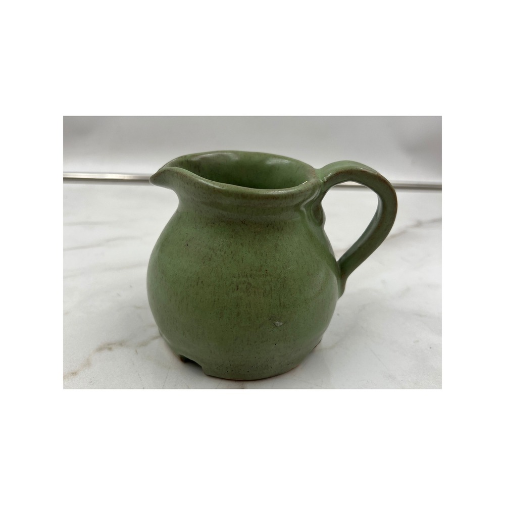 Vintage Studio Pottery Green Glazed Ceramic Small Creamer Pitcher Signed AH 4"